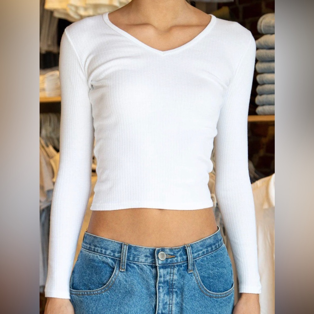 Brandy Melville White V Neck Long Sleeve Top